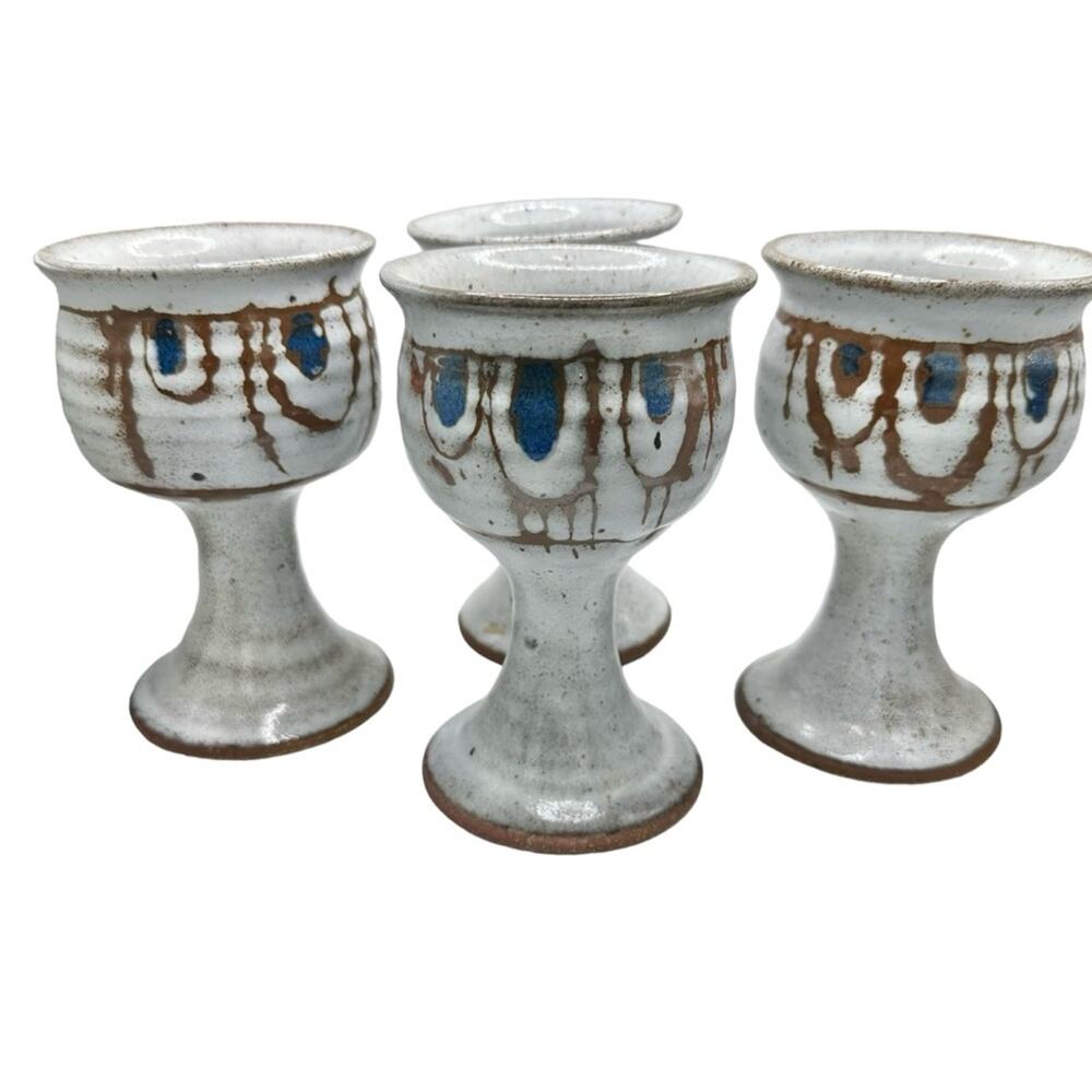 Vintage Stoneware Wine Goblets Set Of 4 Speckled Glaze